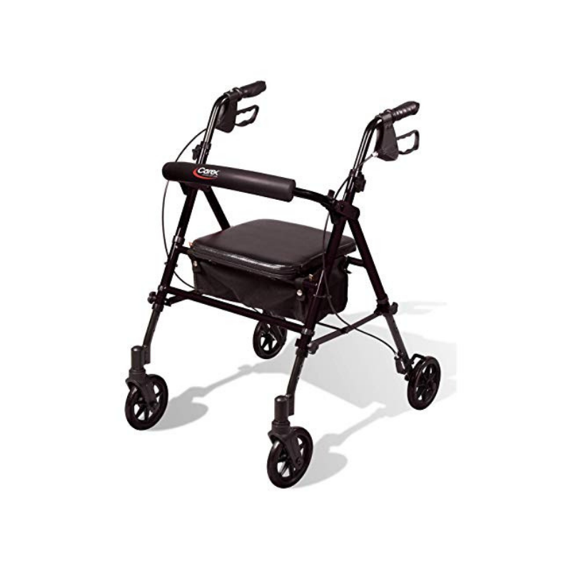 Carex Step 'N Rest Aluminum Folding Rollator Walker with Seat, Storage, & Backrest - Senior.com Rollators